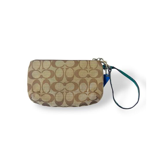 Coach Signature Khaki Green Trim Canvas Wristlet Purse Clutch Turnlock - Picture 2 of 9